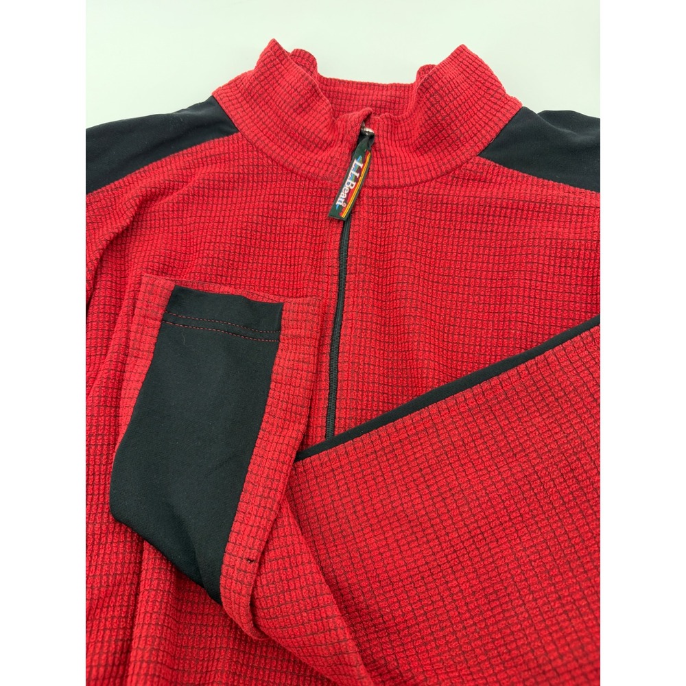 LL Bean Mens Red Waffle Grid Fleece Quarter Zip Pullover Black Contrast Medium
